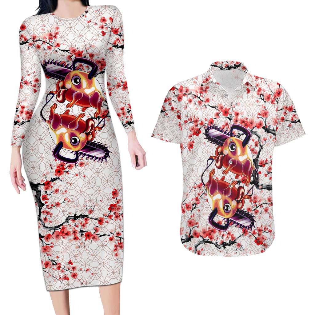 Denji x Pochita Chainsaw Man Couples Matching Long Sleeve Bodycon Dress and Hawaiian Shirt Anime Mix Cherry Blossom Style - The Mazicc