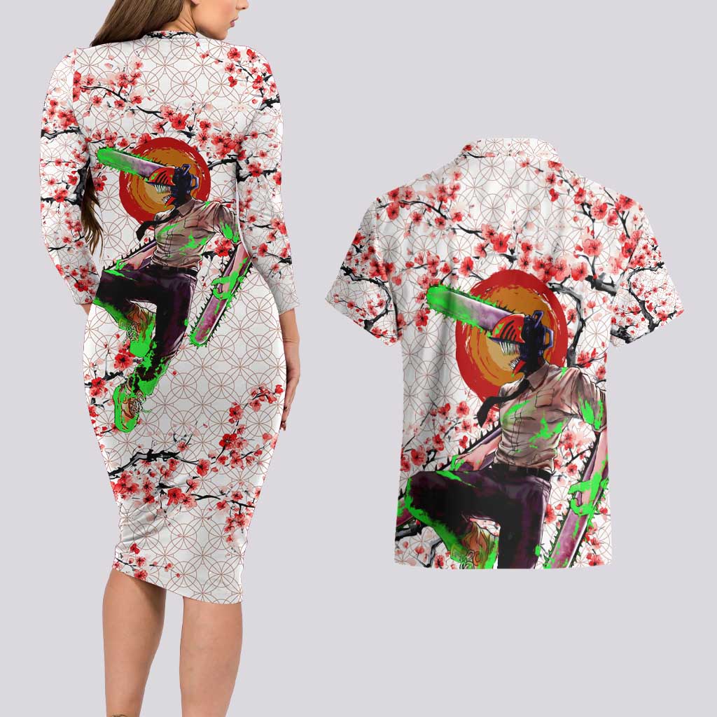 Denji x Pochita Chainsaw Man Couples Matching Long Sleeve Bodycon Dress and Hawaiian Shirt Anime Mix Cherry Blossom Style - The Mazicc