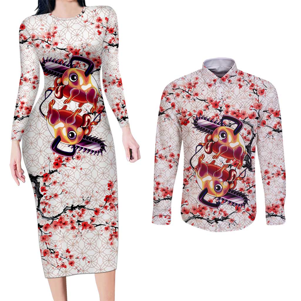 Denji x Pochita Chainsaw Man Couples Matching Long Sleeve Bodycon Dress and Long Sleeve Button Shirt Anime Mix Cherry Blossom Style - The Mazicc