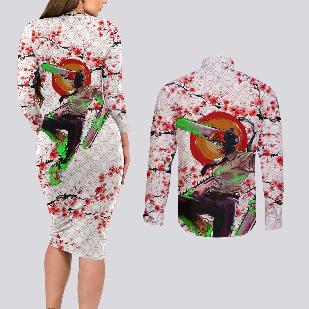 Denji x Pochita Chainsaw Man Couples Matching Long Sleeve Bodycon Dress and Long Sleeve Button Shirt Anime Mix Cherry Blossom Style - The Mazicc