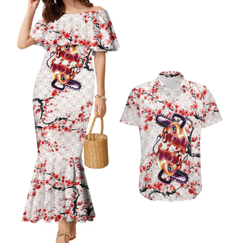 Denji x Pochita Chainsaw Man Couples Matching Mermaid Dress and Hawaiian Shirt Anime Mix Cherry Blossom Style - The Mazicc