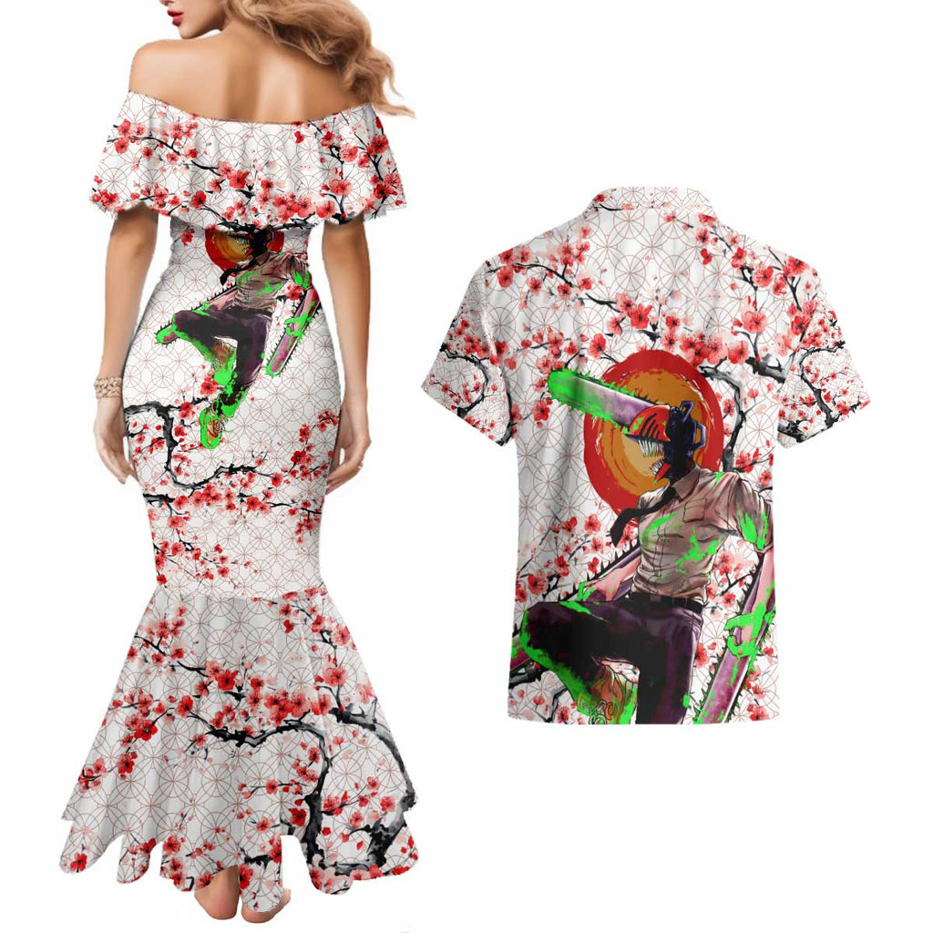 Denji x Pochita Chainsaw Man Couples Matching Mermaid Dress and Hawaiian Shirt Anime Mix Cherry Blossom Style - The Mazicc