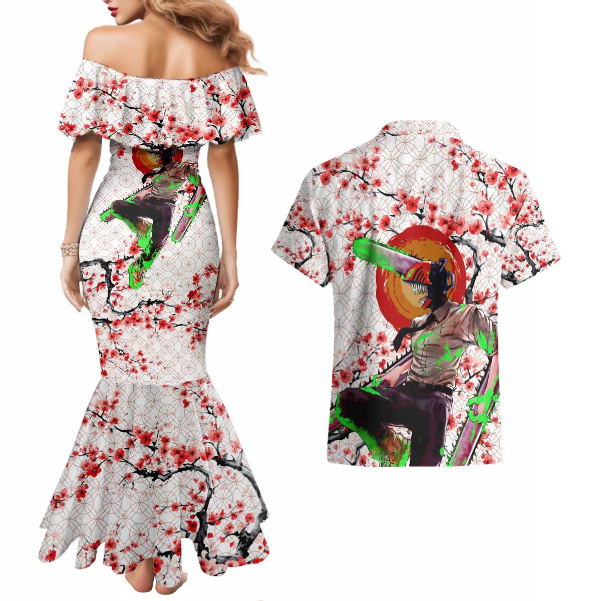 Denji x Pochita Chainsaw Man Couples Matching Mermaid Dress and Hawaiian Shirt Anime Mix Cherry Blossom Style - The Mazicc