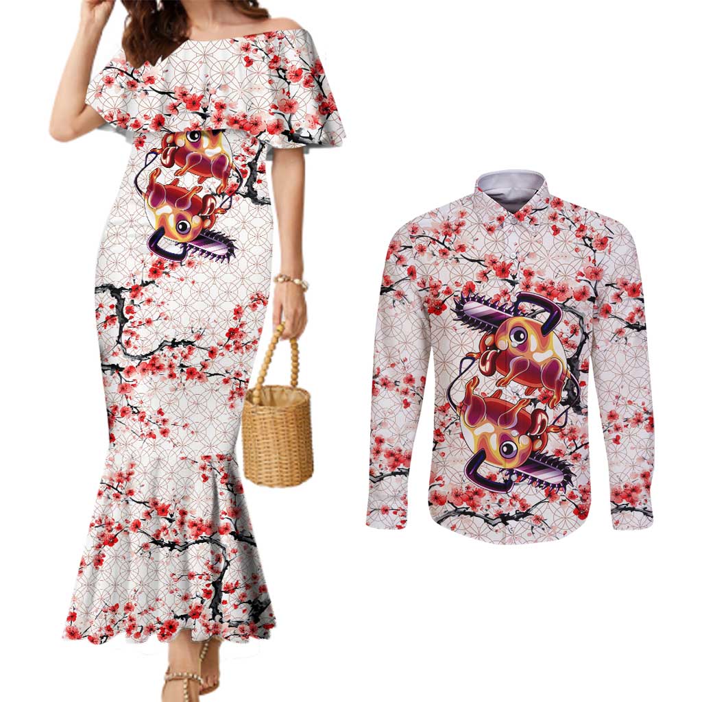 Denji x Pochita Chainsaw Man Couples Matching Mermaid Dress and Long Sleeve Button Shirt Anime Mix Cherry Blossom Style - The Mazicc