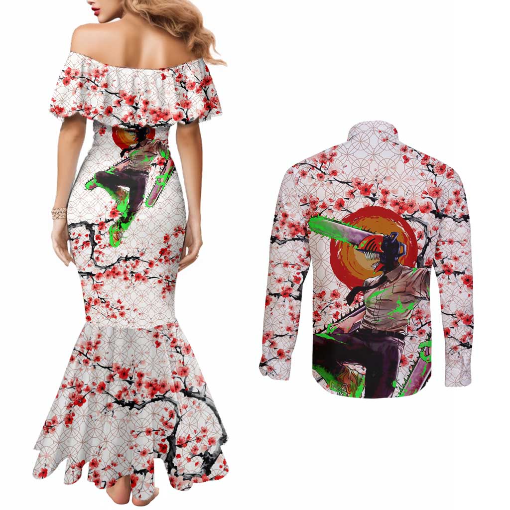 Denji x Pochita Chainsaw Man Couples Matching Mermaid Dress and Long Sleeve Button Shirt Anime Mix Cherry Blossom Style - The Mazicc