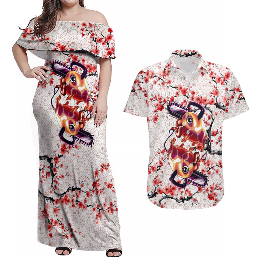 Denji x Pochita Chainsaw Man Couples Matching Off Shoulder Maxi Dress and Hawaiian Shirt Anime Mix Cherry Blossom Style - The Mazicc