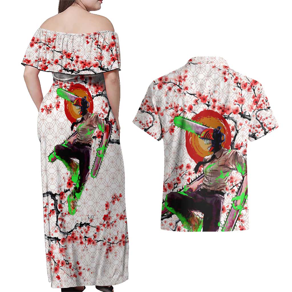 Denji x Pochita Chainsaw Man Couples Matching Off Shoulder Maxi Dress and Hawaiian Shirt Anime Mix Cherry Blossom Style - The Mazicc