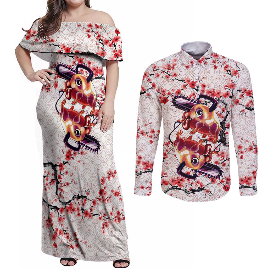 Denji x Pochita Chainsaw Man Couples Matching Off Shoulder Maxi Dress and Long Sleeve Button Shirt Anime Mix Cherry Blossom Style - The Mazicc