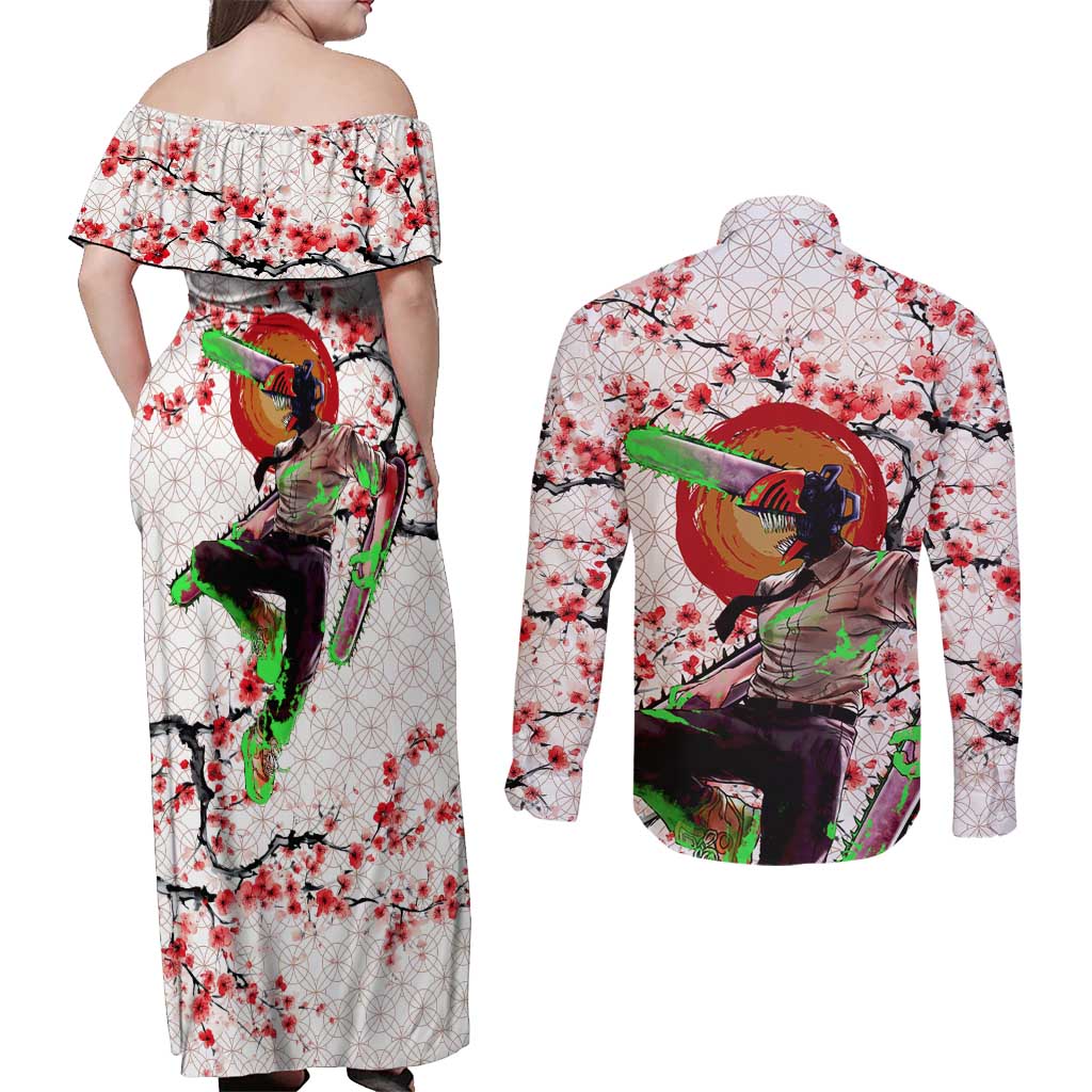 Denji x Pochita Chainsaw Man Couples Matching Off Shoulder Maxi Dress and Long Sleeve Button Shirt Anime Mix Cherry Blossom Style - The Mazicc