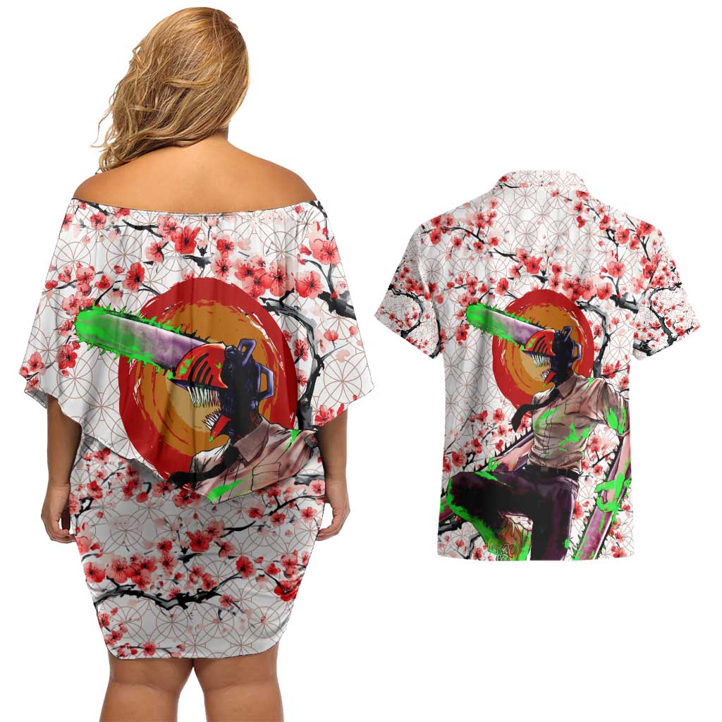Denji x Pochita Chainsaw Man Couples Matching Off Shoulder Short Dress and Hawaiian Shirt Anime Mix Cherry Blossom Style - The Mazicc