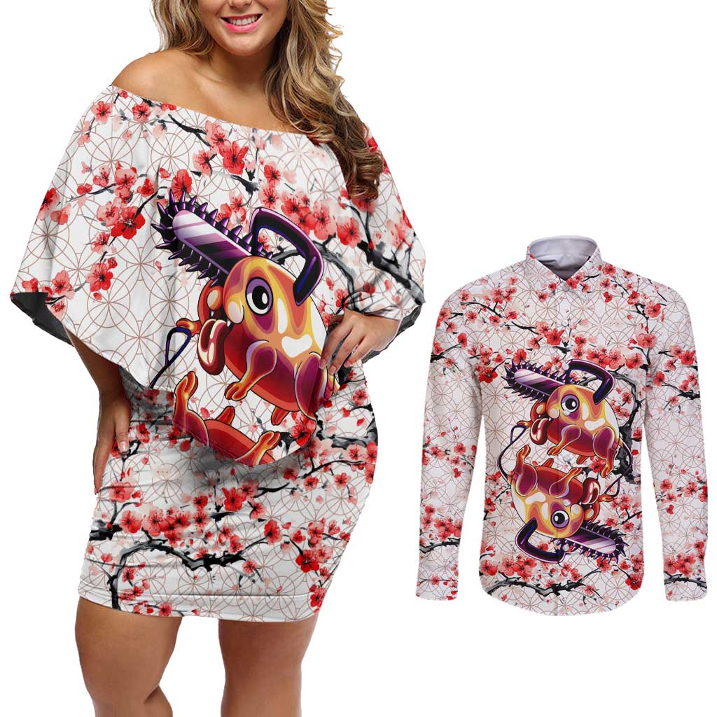 Denji x Pochita Chainsaw Man Couples Matching Off Shoulder Short Dress and Long Sleeve Button Shirt Anime Mix Cherry Blossom Style - The Mazicc