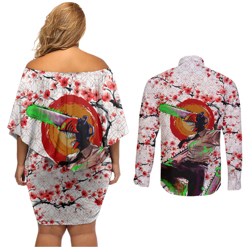 Denji x Pochita Chainsaw Man Couples Matching Off Shoulder Short Dress and Long Sleeve Button Shirt Anime Mix Cherry Blossom Style - The Mazicc