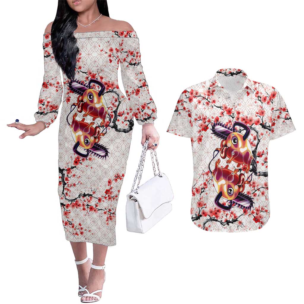 Denji x Pochita Chainsaw Man Couples Matching Off The Shoulder Long Sleeve Dress and Hawaiian Shirt Anime Mix Cherry Blossom Style - The Mazicc