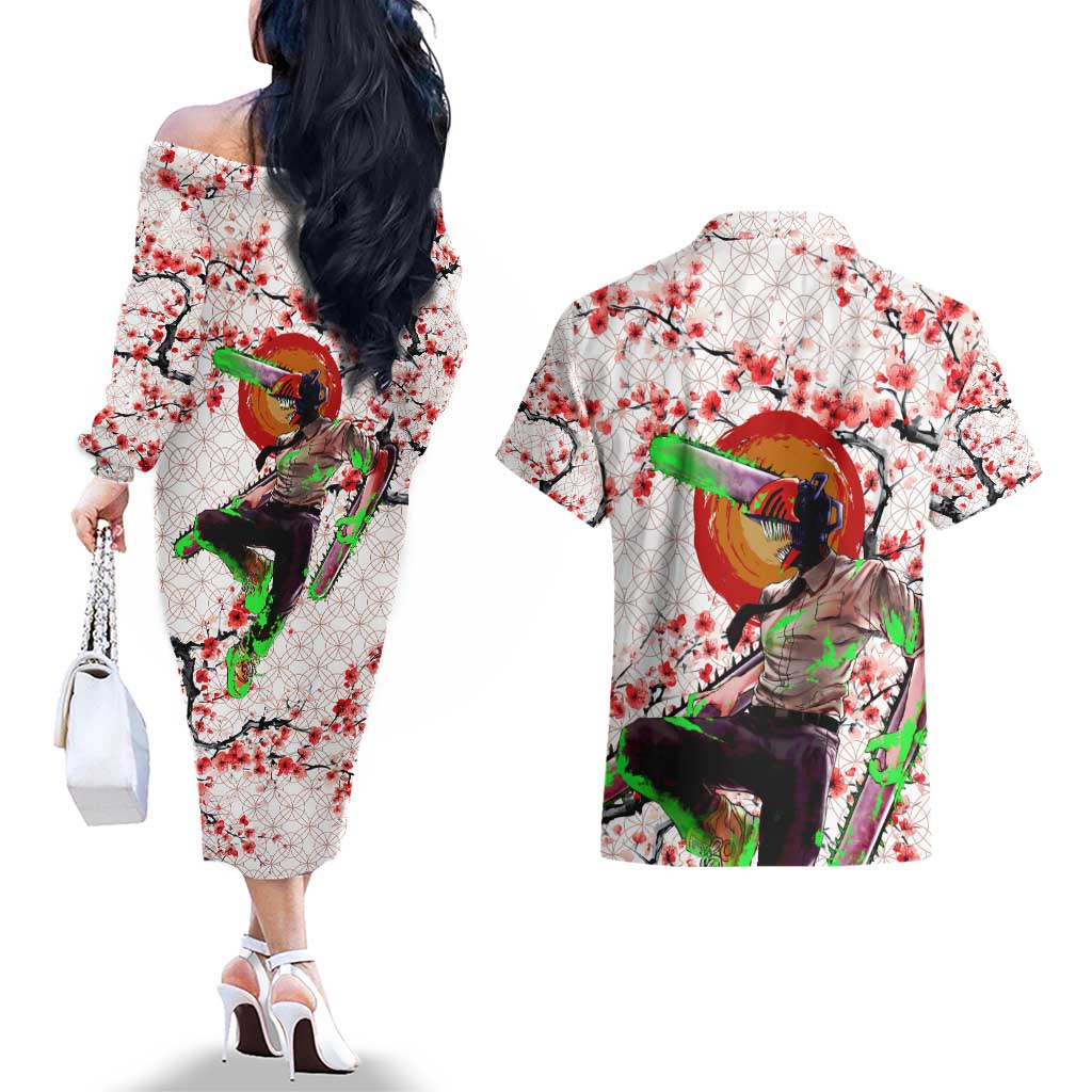 Denji x Pochita Chainsaw Man Couples Matching Off The Shoulder Long Sleeve Dress and Hawaiian Shirt Anime Mix Cherry Blossom Style - The Mazicc