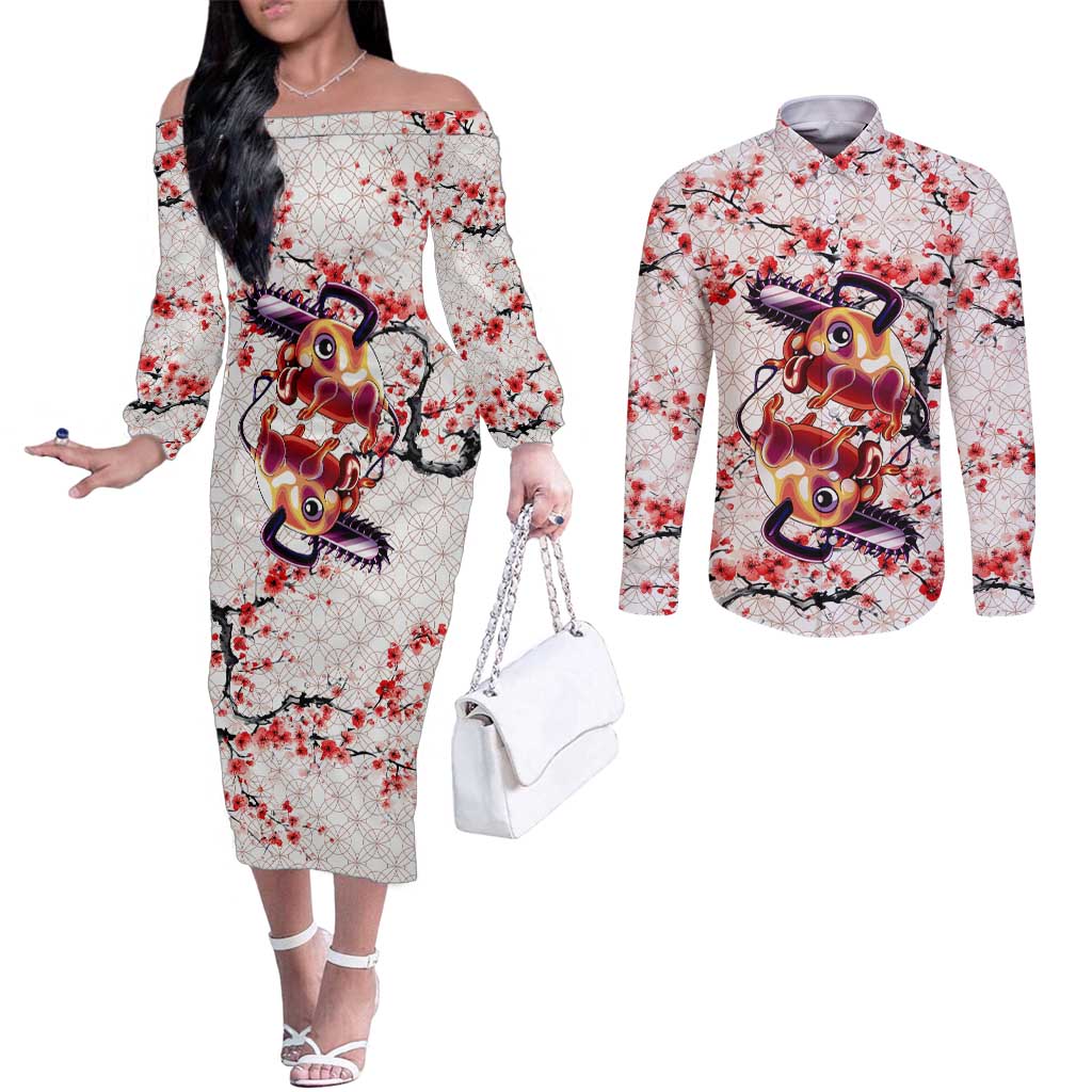 Denji x Pochita Chainsaw Man Couples Matching Off The Shoulder Long Sleeve Dress and Long Sleeve Button Shirt Anime Mix Cherry Blossom Style - The Mazicc