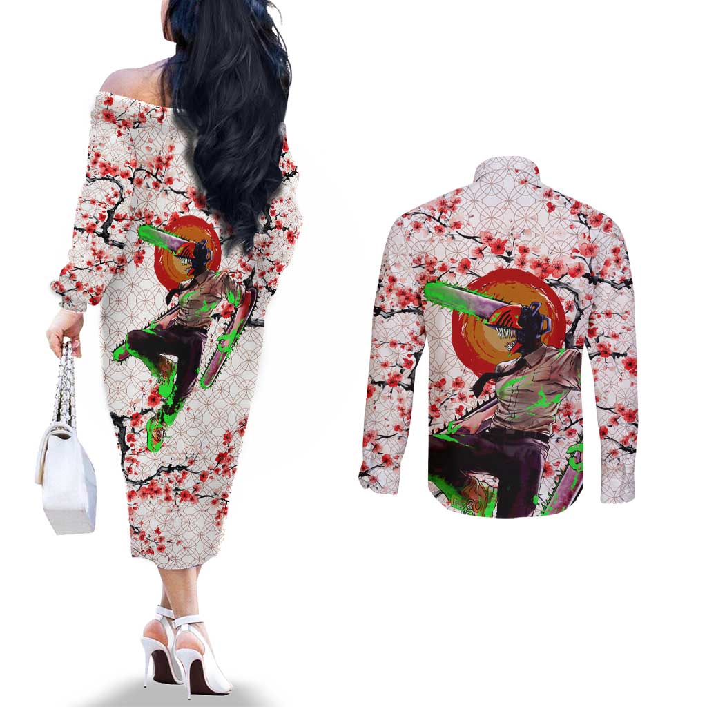 Denji x Pochita Chainsaw Man Couples Matching Off The Shoulder Long Sleeve Dress and Long Sleeve Button Shirt Anime Mix Cherry Blossom Style - The Mazicc