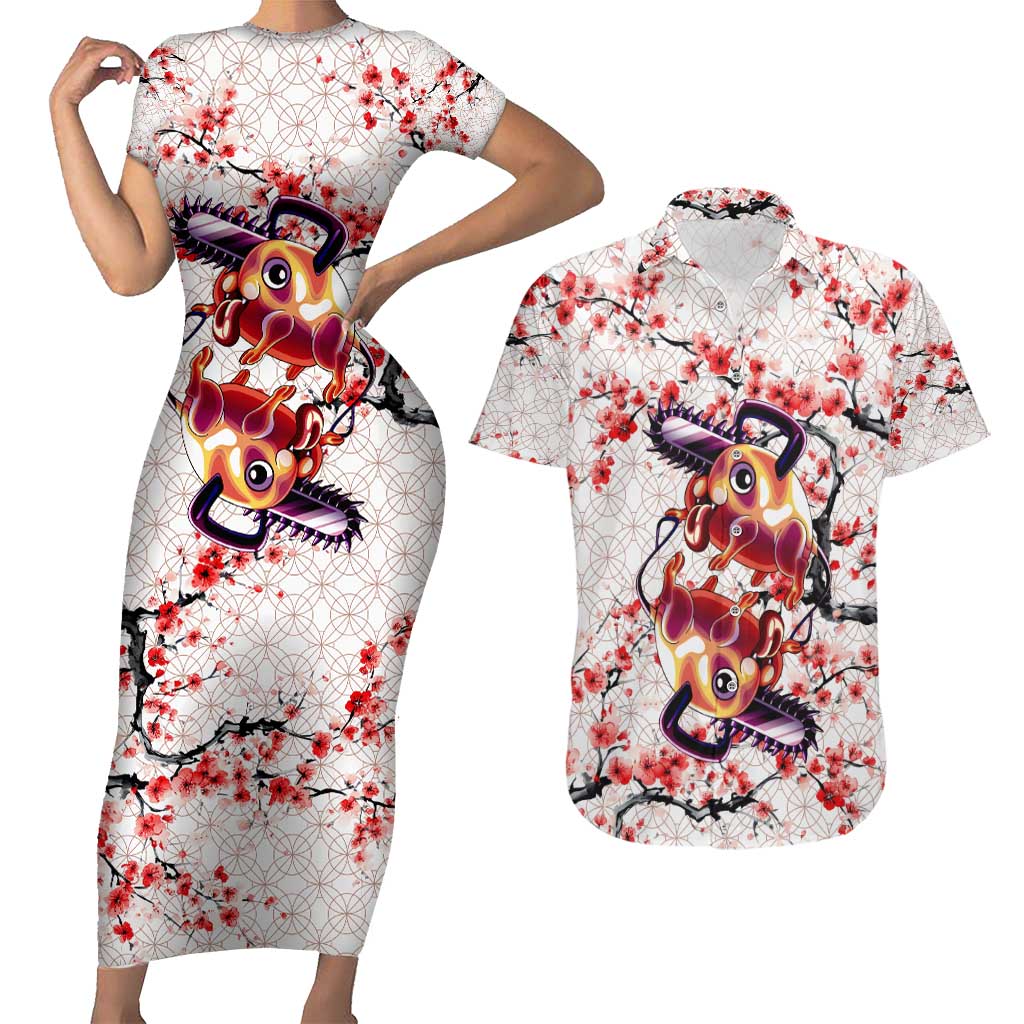 Denji x Pochita Chainsaw Man Couples Matching Short Sleeve Bodycon Dress and Hawaiian Shirt Anime Mix Cherry Blossom Style - The Mazicc
