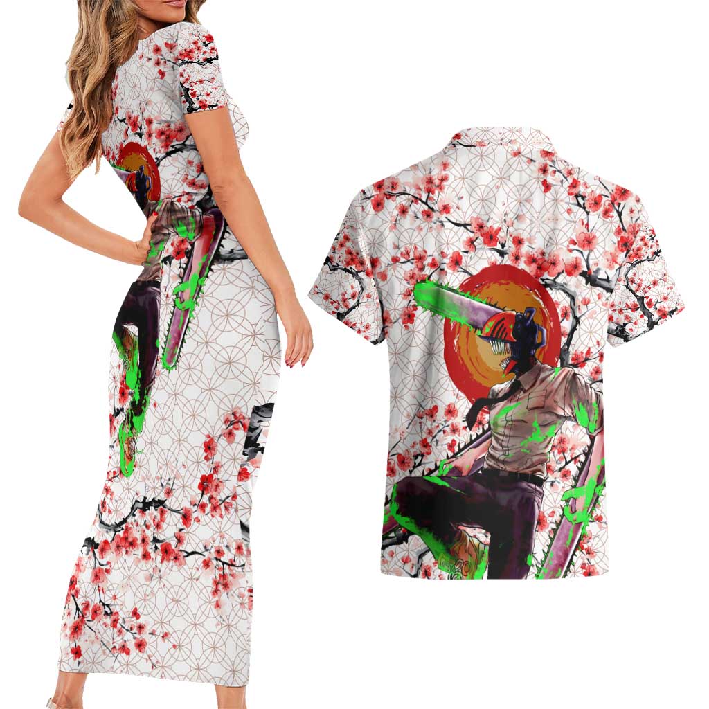 Denji x Pochita Chainsaw Man Couples Matching Short Sleeve Bodycon Dress and Hawaiian Shirt Anime Mix Cherry Blossom Style - The Mazicc