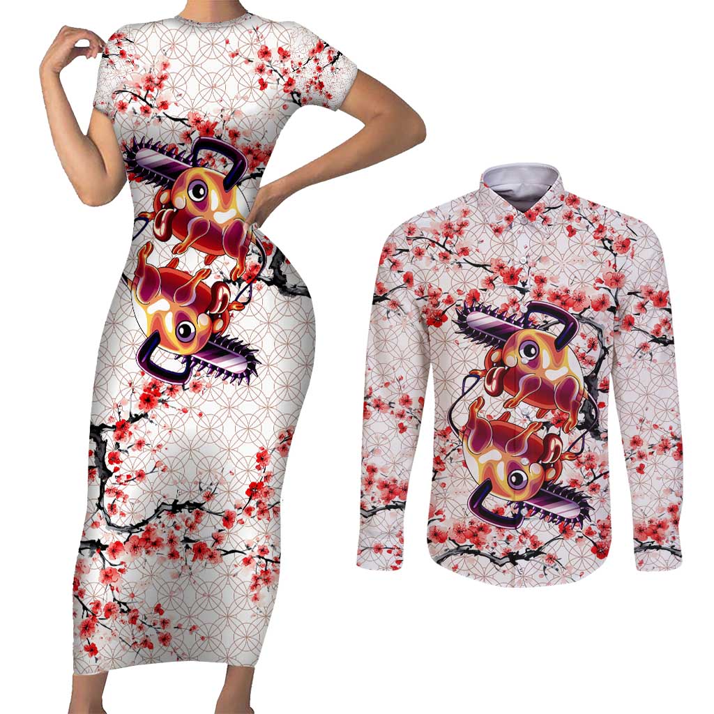 Denji x Pochita Chainsaw Man Couples Matching Short Sleeve Bodycon Dress and Long Sleeve Button Shirt Anime Mix Cherry Blossom Style - The Mazicc