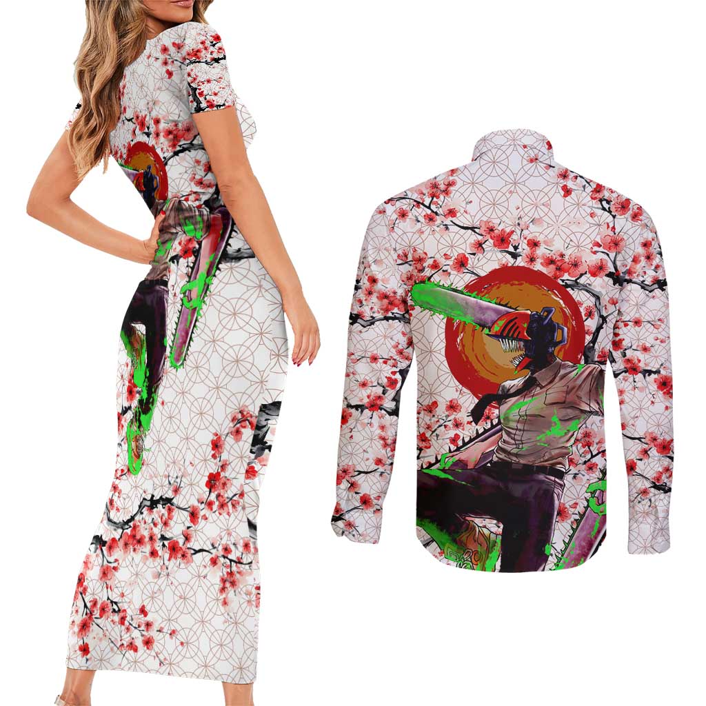 Denji x Pochita Chainsaw Man Couples Matching Short Sleeve Bodycon Dress and Long Sleeve Button Shirt Anime Mix Cherry Blossom Style - The Mazicc