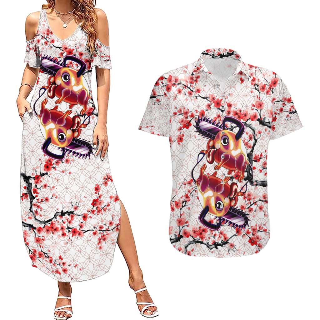 Denji x Pochita Chainsaw Man Couples Matching Summer Maxi Dress and Hawaiian Shirt Anime Mix Cherry Blossom Style - The Mazicc