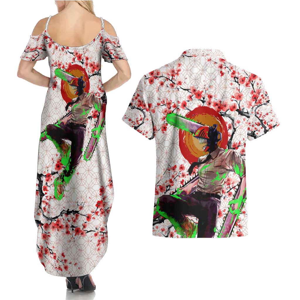 Denji x Pochita Chainsaw Man Couples Matching Summer Maxi Dress and Hawaiian Shirt Anime Mix Cherry Blossom Style - The Mazicc