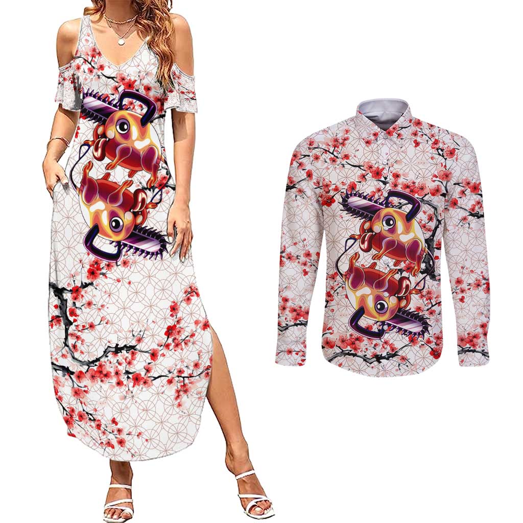 Denji x Pochita Chainsaw Man Couples Matching Summer Maxi Dress and Long Sleeve Button Shirt Anime Mix Cherry Blossom Style - The Mazicc