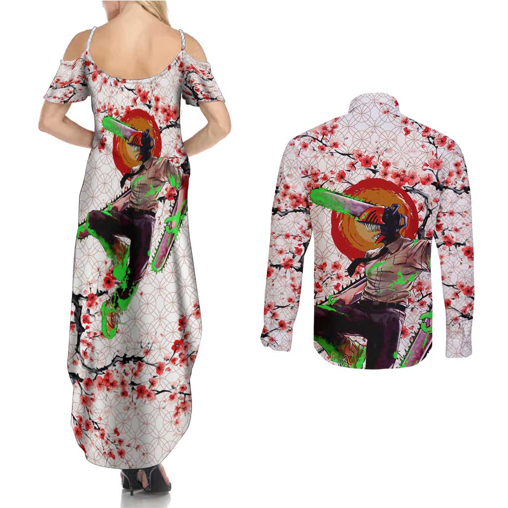 Denji x Pochita Chainsaw Man Couples Matching Summer Maxi Dress and Long Sleeve Button Shirt Anime Mix Cherry Blossom Style - The Mazicc