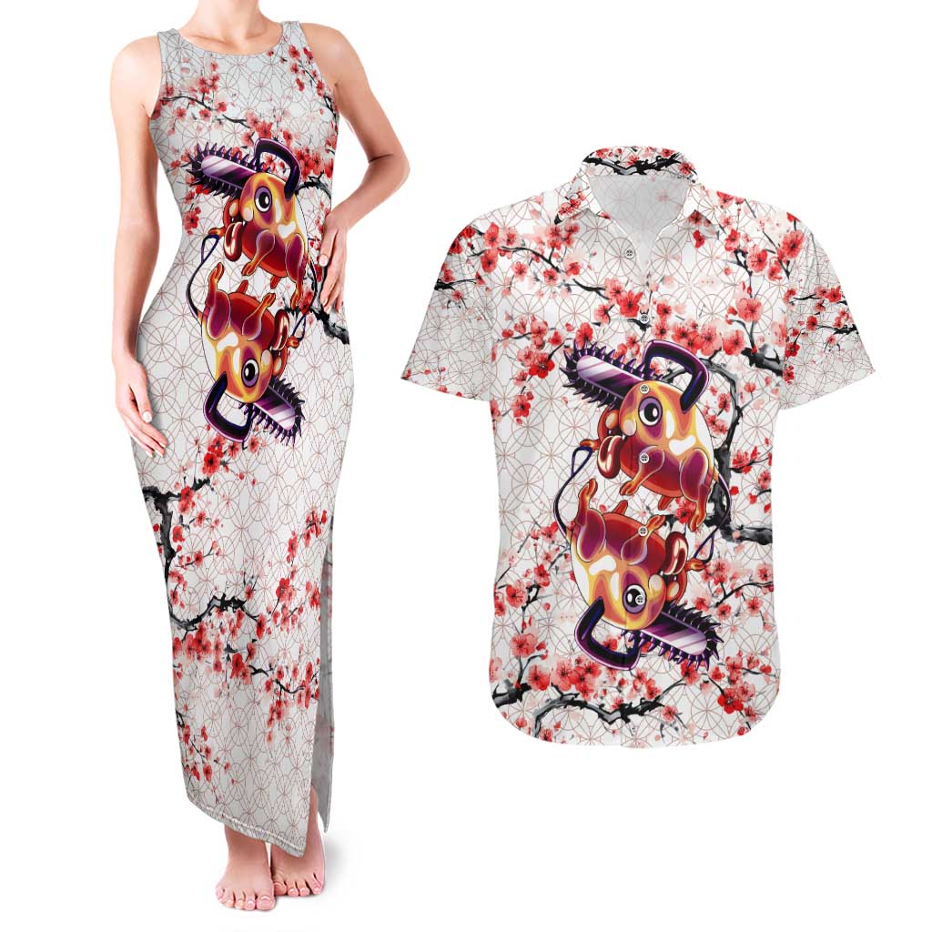 Denji x Pochita Chainsaw Man Couples Matching Tank Maxi Dress and Hawaiian Shirt Anime Mix Cherry Blossom Style - The Mazicc
