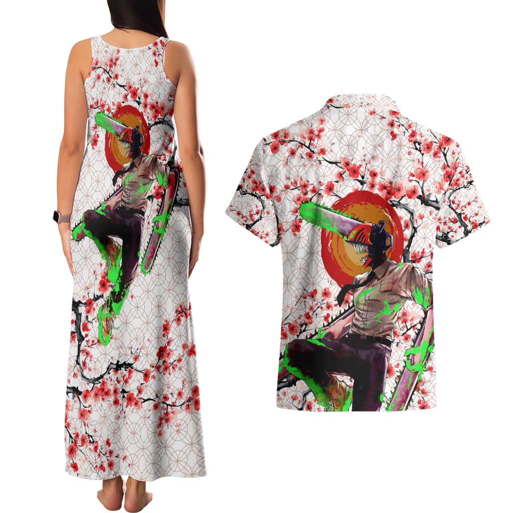 Denji x Pochita Chainsaw Man Couples Matching Tank Maxi Dress and Hawaiian Shirt Anime Mix Cherry Blossom Style - The Mazicc
