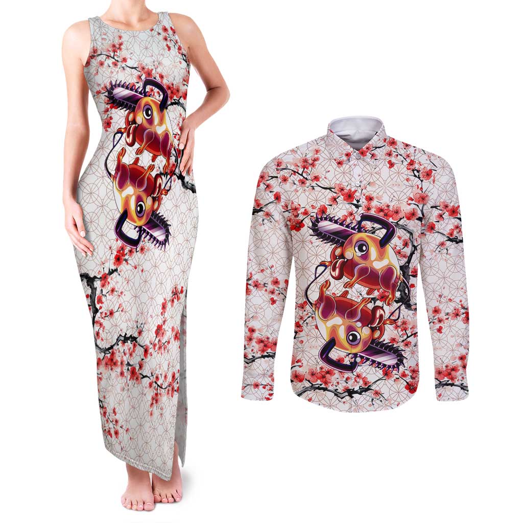 Denji x Pochita Chainsaw Man Couples Matching Tank Maxi Dress and Long Sleeve Button Shirt Anime Mix Cherry Blossom Style - The Mazicc