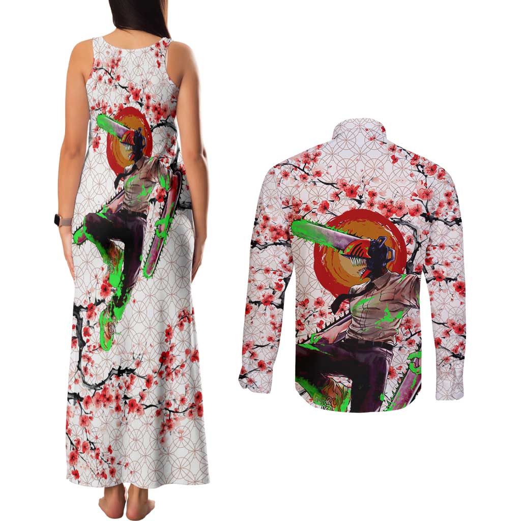 Denji x Pochita Chainsaw Man Couples Matching Tank Maxi Dress and Long Sleeve Button Shirt Anime Mix Cherry Blossom Style - The Mazicc