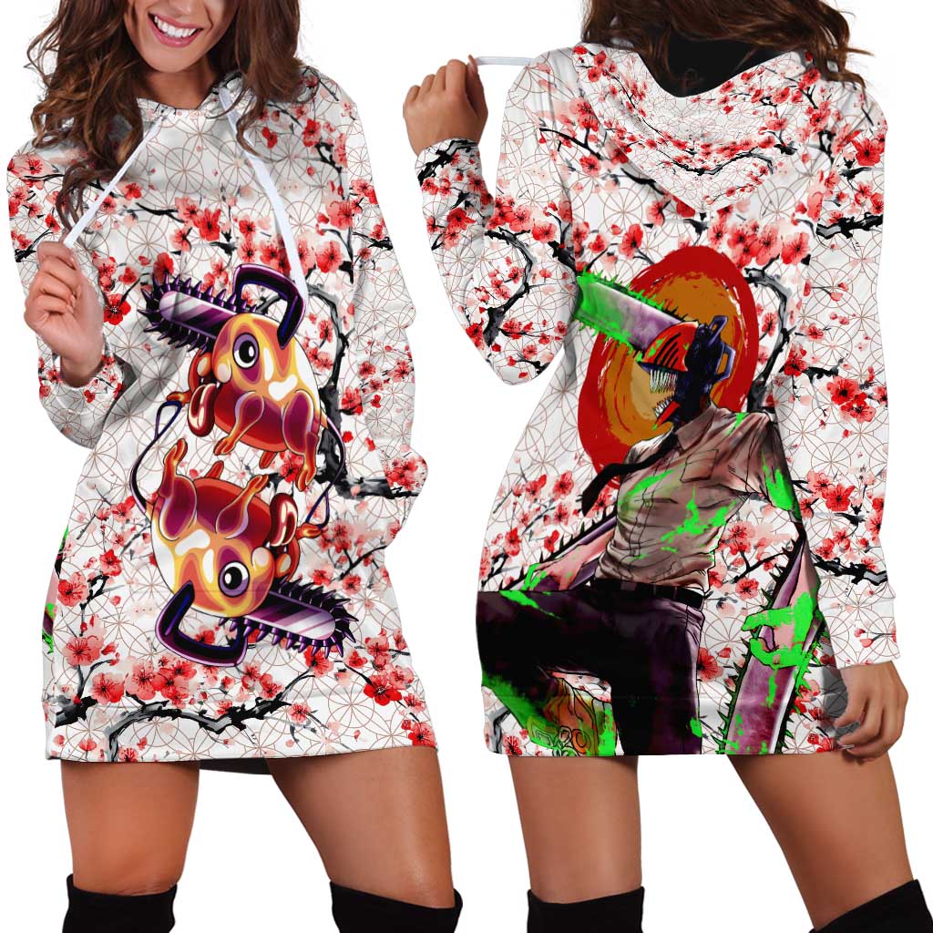Denji x Pochita Chainsaw Man Hoodie Dress Anime Mix Cherry Blossom Style - The Mazicc