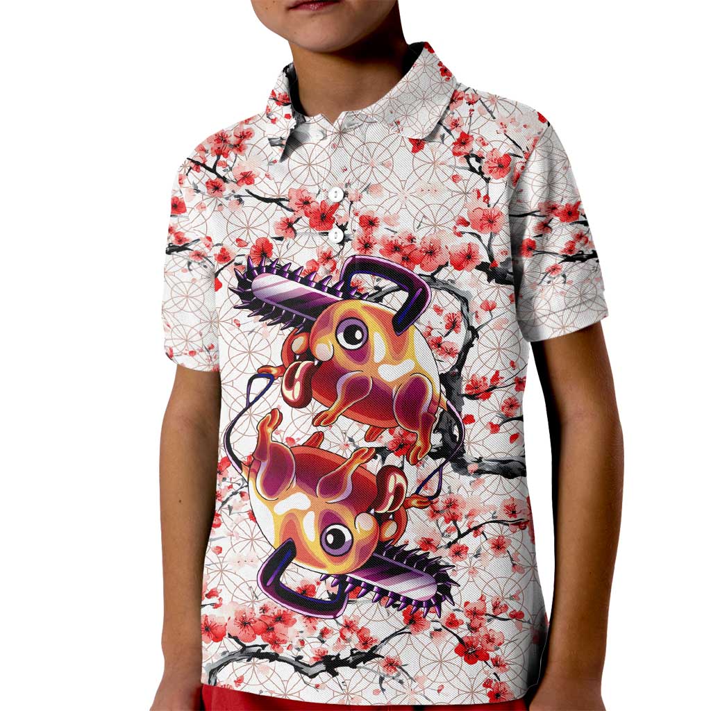 Denji x Pochita Chainsaw Man Kid Polo Shirt Anime Mix Cherry Blossom Style - The Mazicc