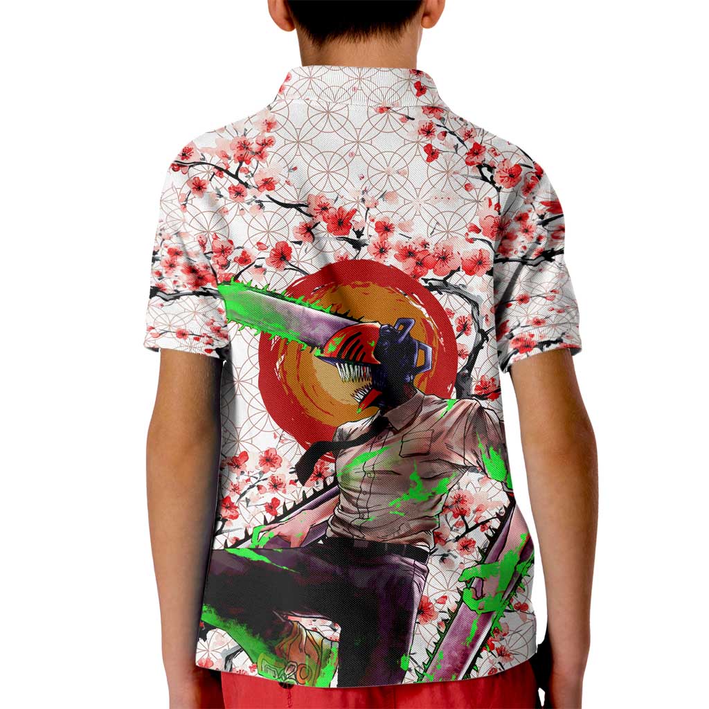 Denji x Pochita Chainsaw Man Kid Polo Shirt Anime Mix Cherry Blossom Style - The Mazicc