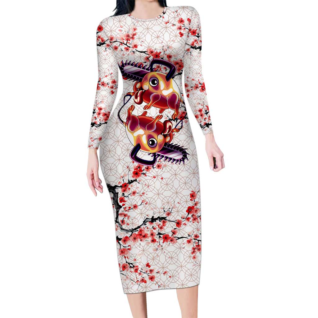 Denji x Pochita Chainsaw Man Long Sleeve Bodycon Dress Anime Mix Cherry Blossom Style - The Mazicc