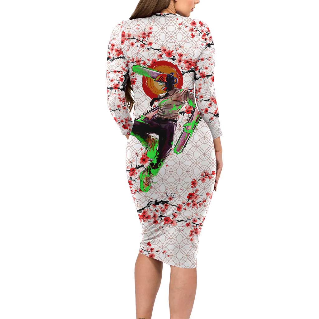 Denji x Pochita Chainsaw Man Long Sleeve Bodycon Dress Anime Mix Cherry Blossom Style - The Mazicc