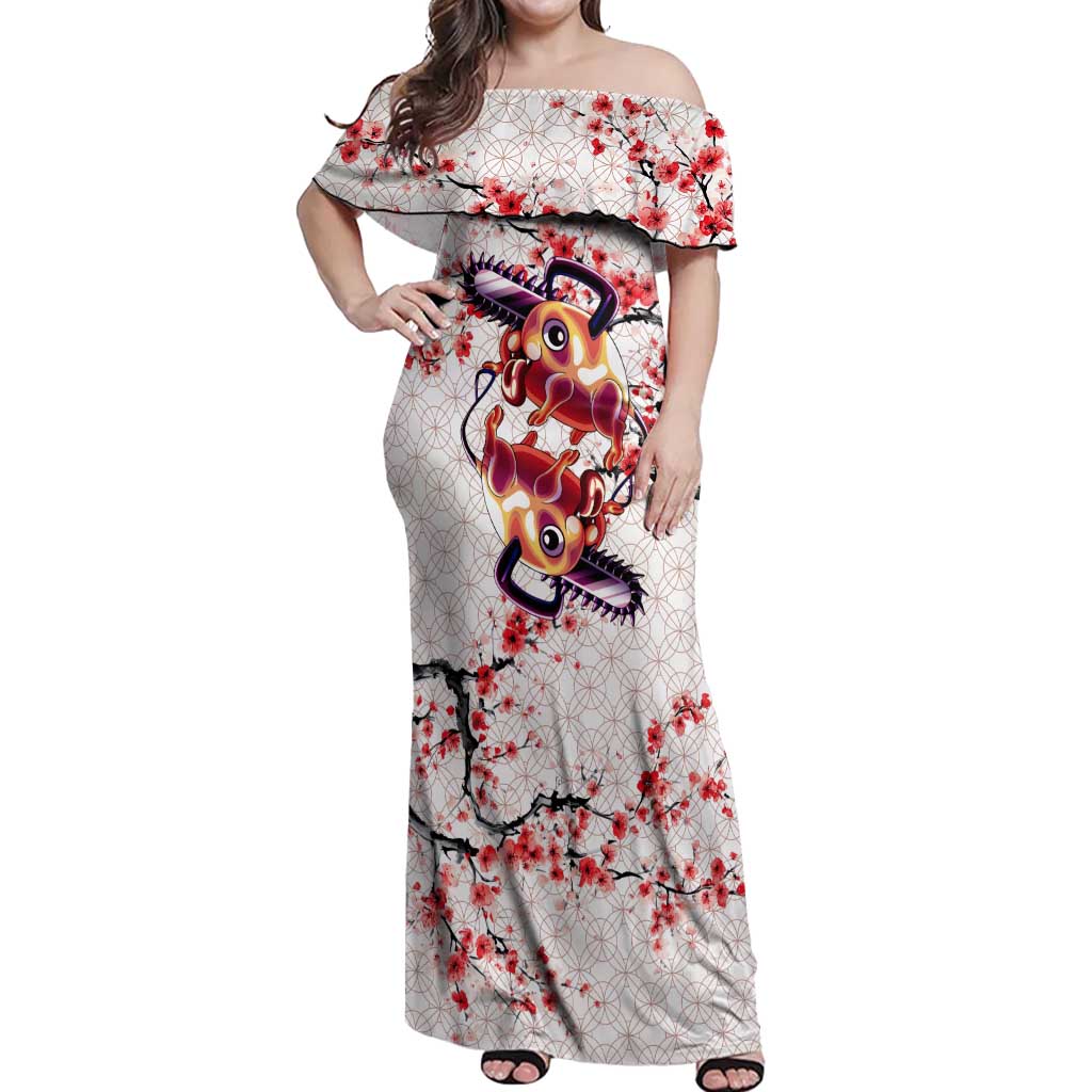 Denji x Pochita Chainsaw Man Off Shoulder Maxi Dress Anime Mix Cherry Blossom Style - The Mazicc