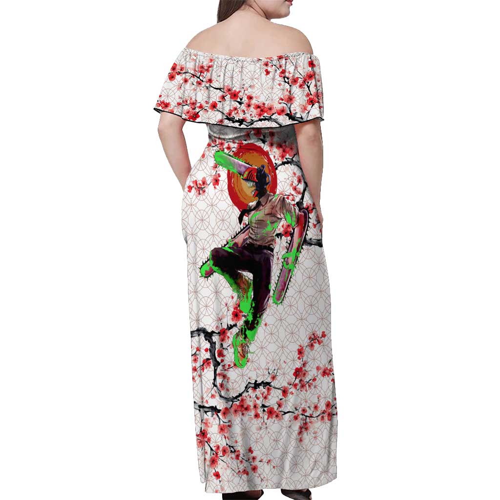 Denji x Pochita Chainsaw Man Off Shoulder Maxi Dress Anime Mix Cherry Blossom Style - The Mazicc