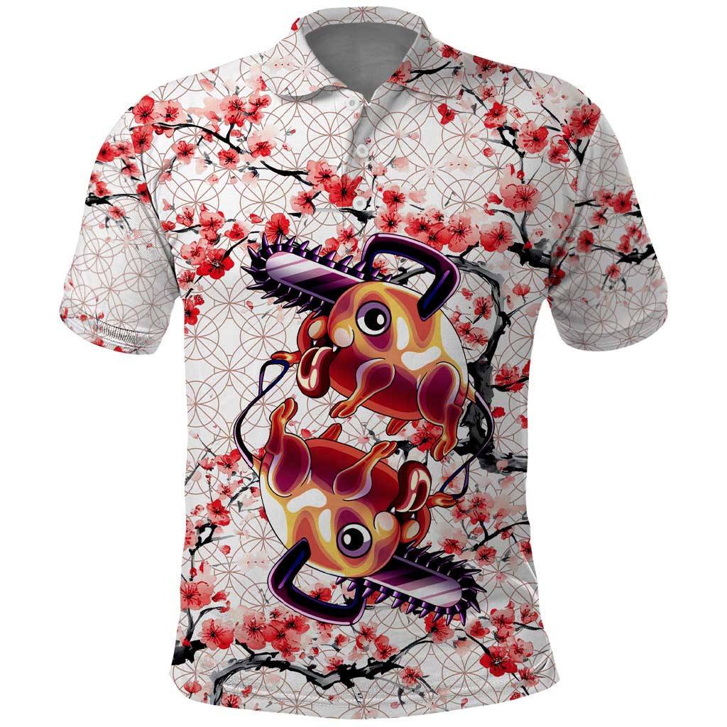 Denji x Pochita Chainsaw Man Polo Shirt Anime Mix Cherry Blossom Style - The Mazicc