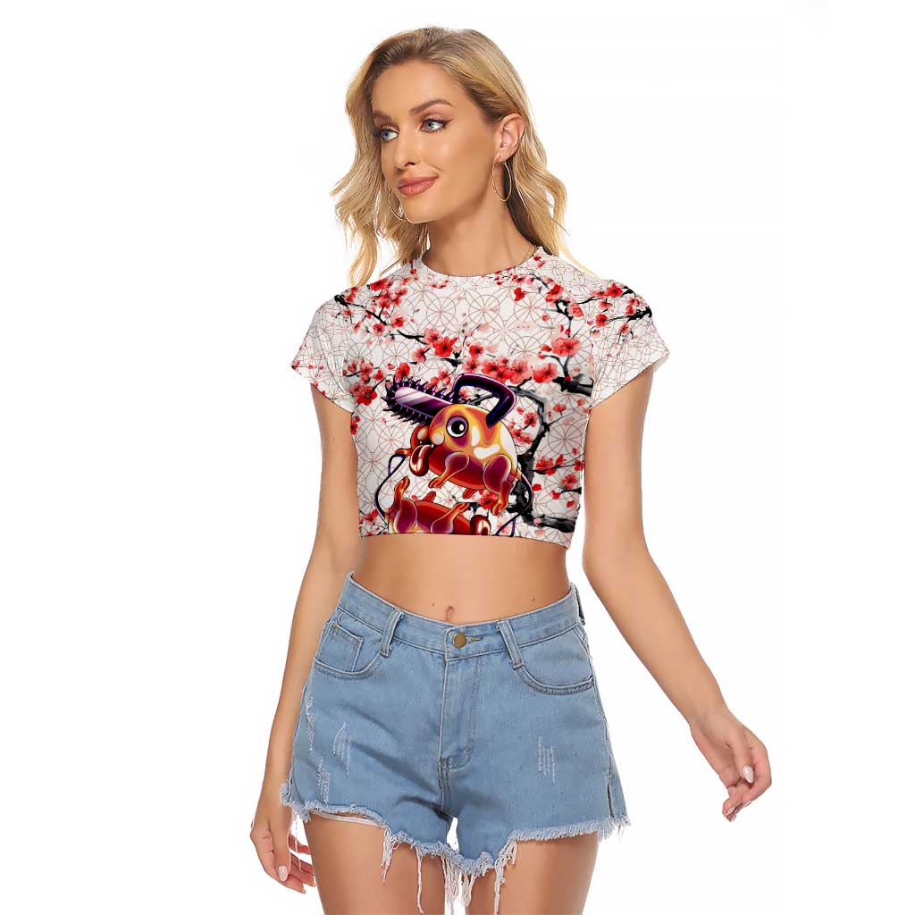Denji x Pochita Chainsaw Man Raglan Cropped T Shirt Anime Mix Cherry Blossom Style - The Mazicc