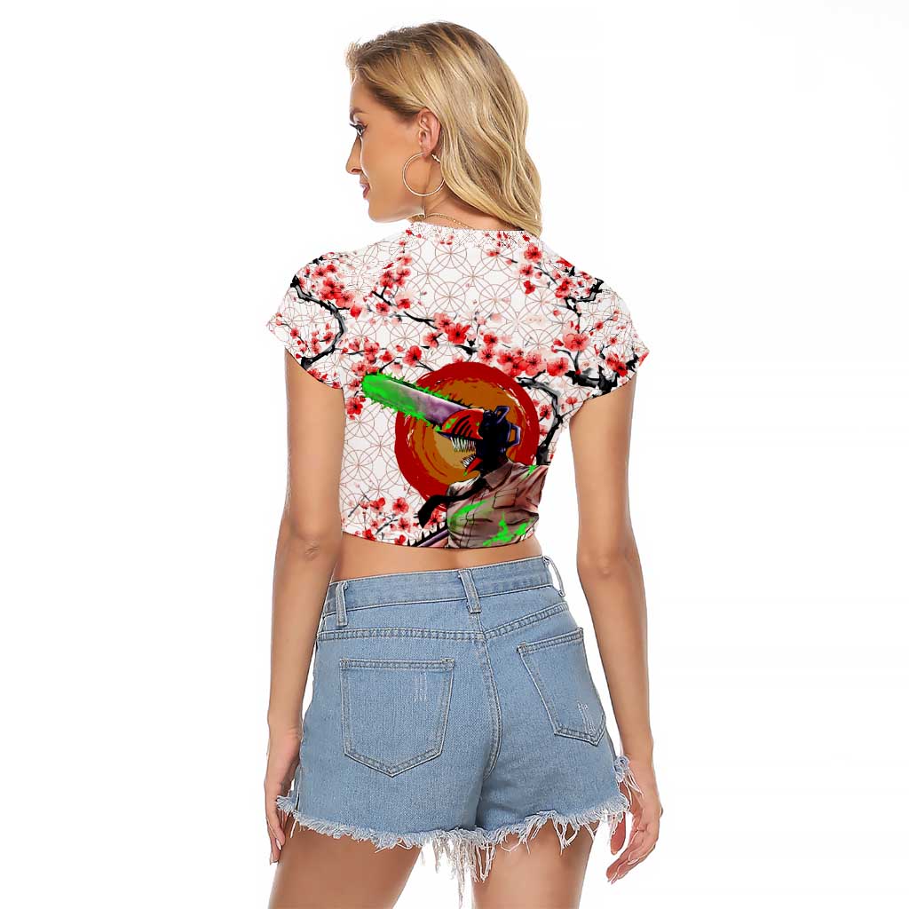 Denji x Pochita Chainsaw Man Raglan Cropped T Shirt Anime Mix Cherry Blossom Style - The Mazicc