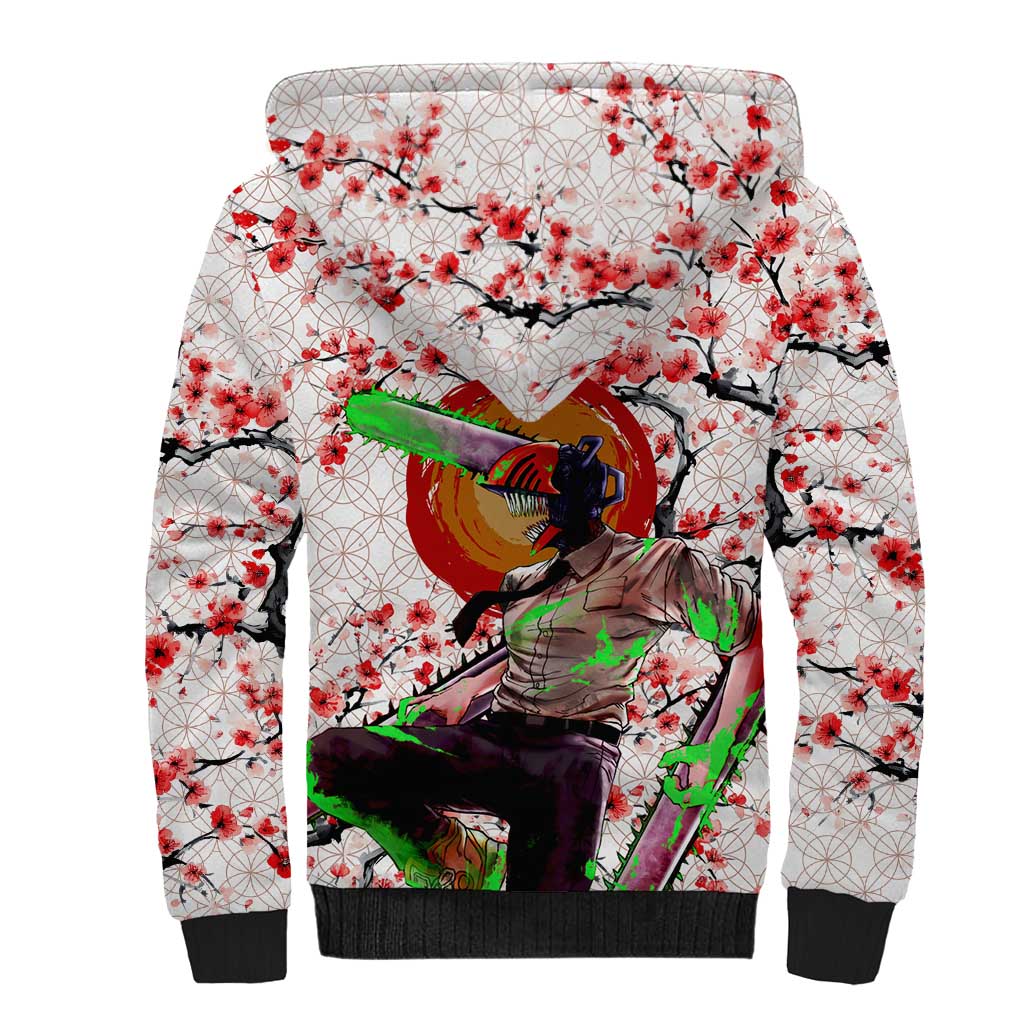 Denji x Pochita Chainsaw Man Sherpa Hoodie Anime Mix Cherry Blossom Style - The Mazicc
