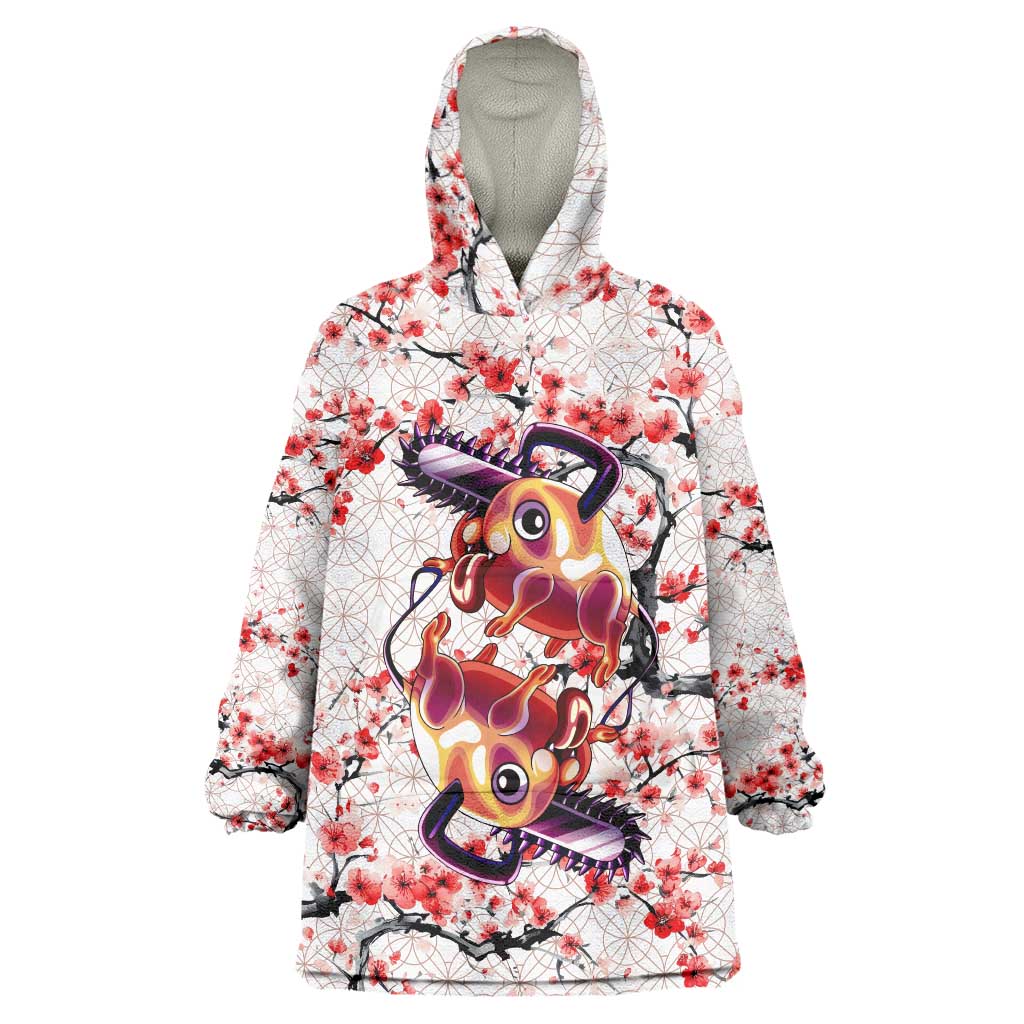 Denji x Pochita Chainsaw Man Wearable Blanket Hoodie Anime Mix Cherry Blossom Style - The Mazicc