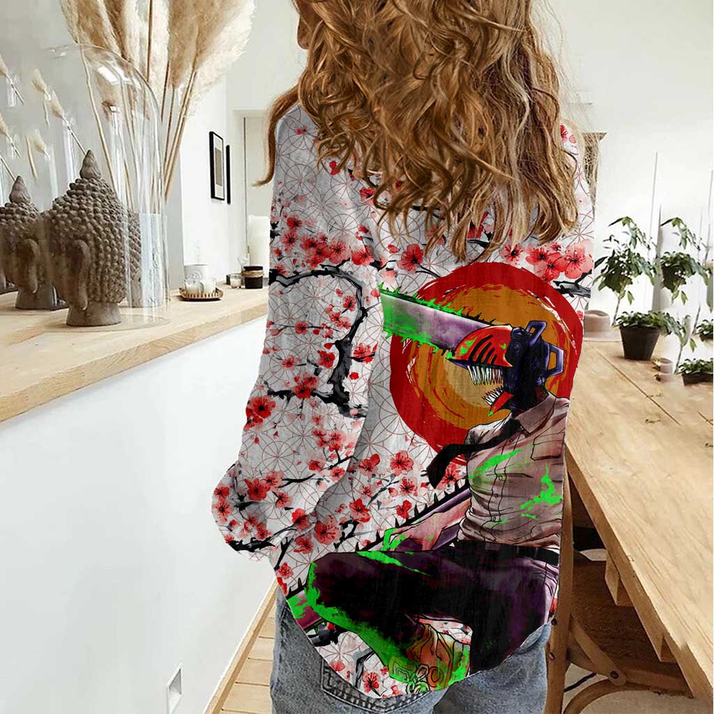 Denji x Pochita Chainsaw Man Women Casual Shirt Anime Mix Cherry Blossom Style - The Mazicc