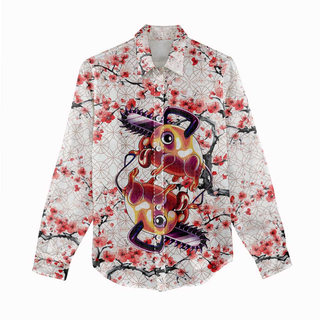 Denji x Pochita Chainsaw Man Women Casual Shirt Anime Mix Cherry Blossom Style - The Mazicc
