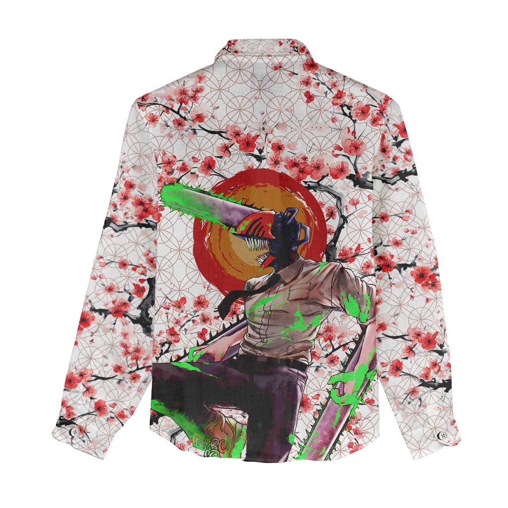 Denji x Pochita Chainsaw Man Women Casual Shirt Anime Mix Cherry Blossom Style - The Mazicc