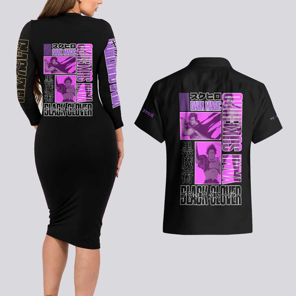 Yami Sukehiro Black Clover Couples Matching Long Sleeve Bodycon Dress and Hawaiian Shirt Anime Style