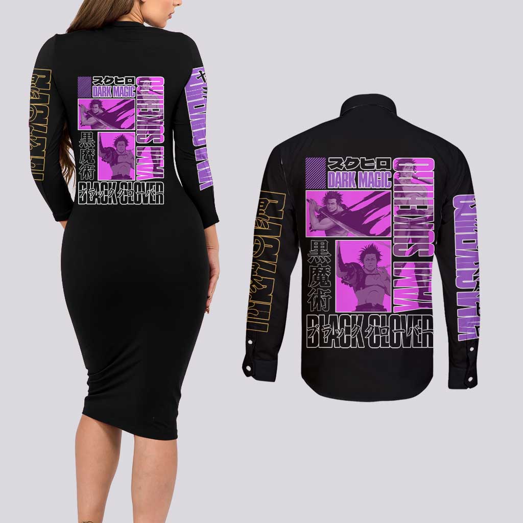 Yami Sukehiro Black Clover Couples Matching Long Sleeve Bodycon Dress and Long Sleeve Button Shirt Anime Style