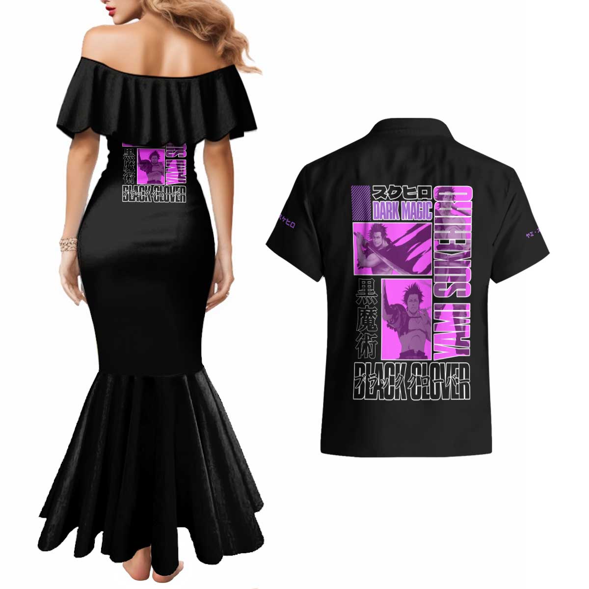 Yami Sukehiro Black Clover Couples Matching Mermaid Dress and Hawaiian Shirt Anime Style